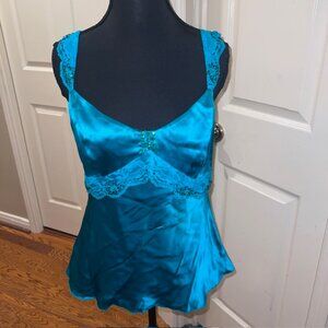 Pretty Boston Proper Green Silk Top with Lace Accents (Sz 10)